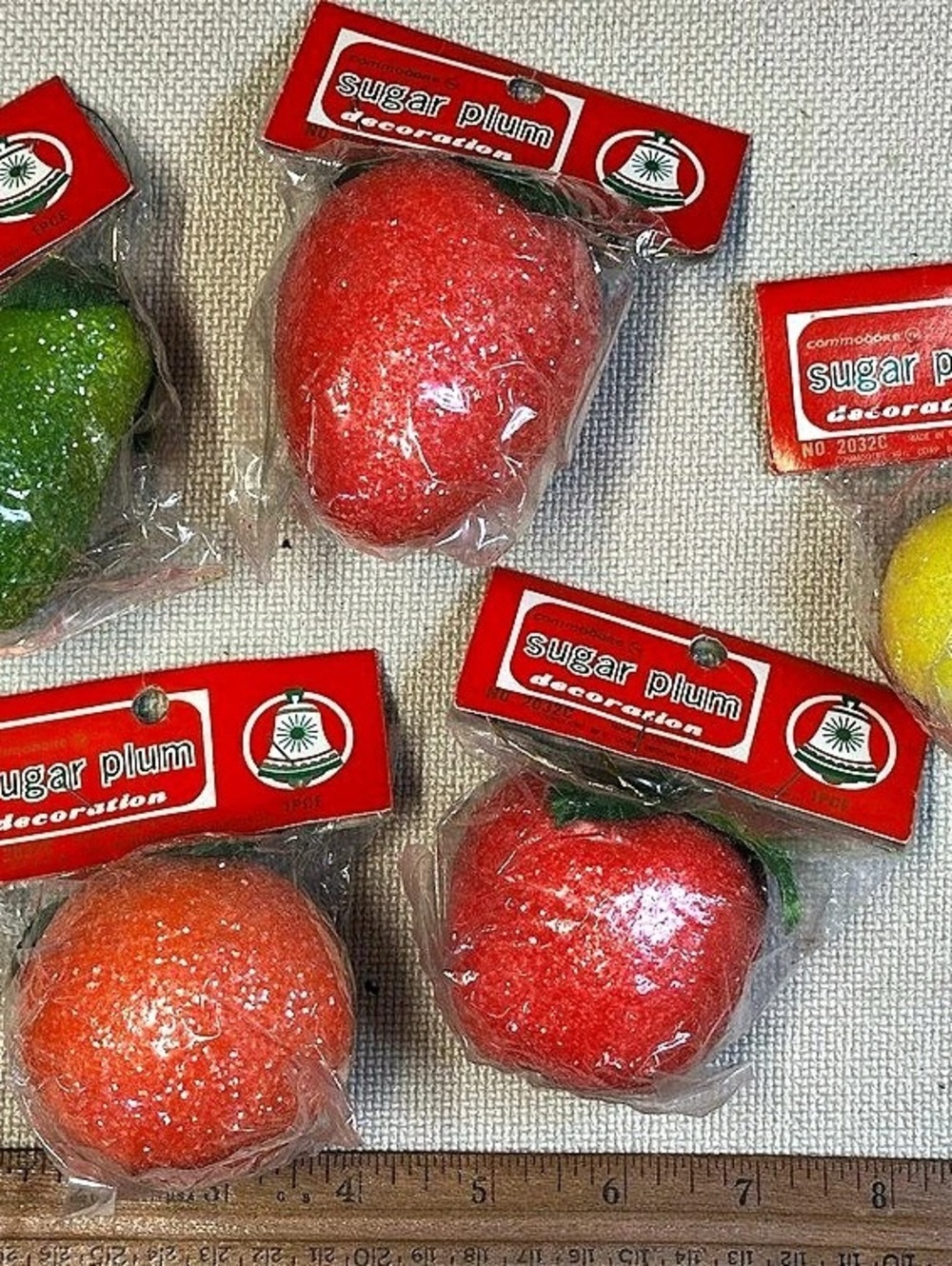 Vintage Commodore Sugar Plum Fruit Decorations NOS Taiwan Christmas Lot of 5